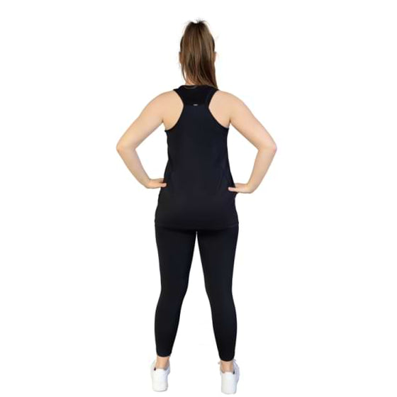 Black 7/8th leggings from Milbel Active - back view of girl modelling black tank top and leggings