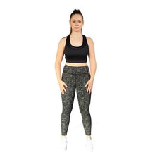  Floral black and olive full length leggings from Milbel Active - front view of girl modelling black sports bra and  floral black and olive leggings