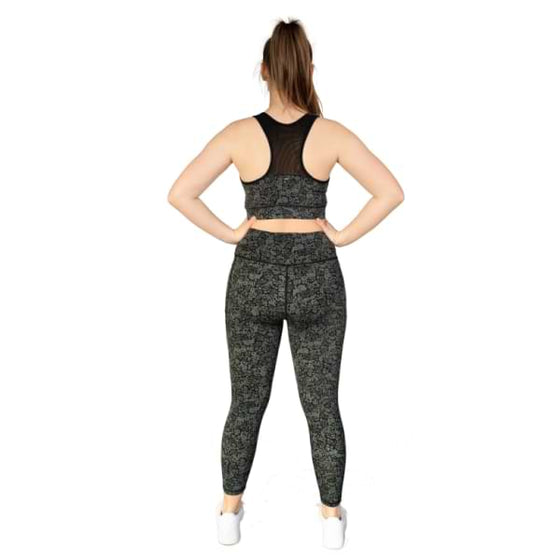 Floral black and olive 7/8th leggings from Milbel Active - back view of girl modelling floral black and olive sports bra and leggings