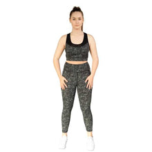  Floral black and olive 7/8th leggings from Milbel Active - front view of girl modelling floral black and olive sports bra and leggings
