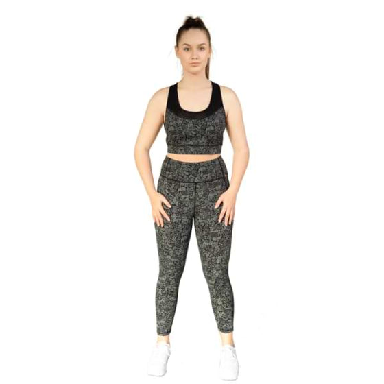 Floral black and olive 7/8th leggings from Milbel Active - front view of girl modelling floral black and olive sports bra and leggings