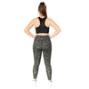 Floral black and olive full length leggings from Milbel Active - back view of girl modelling black sports bra and  floral black and olive leggings