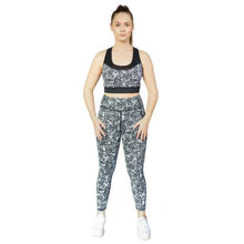  Floral black and white full length leggings from Milbel Active - front view of girl modelling floral black and white sports bra and  leggings
