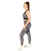 Floral black and white sports bra from Milbel Active - side view of girl modelling floral black and white sports bra and leggings