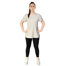  Grey open back tee from Milbel Active - front view of girl modelling grey tee top and black leggings