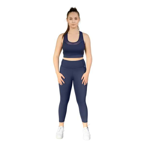 Navy 7/8th leggings from Milbel Active - front view of girl modelling navy sports bra and  leggings