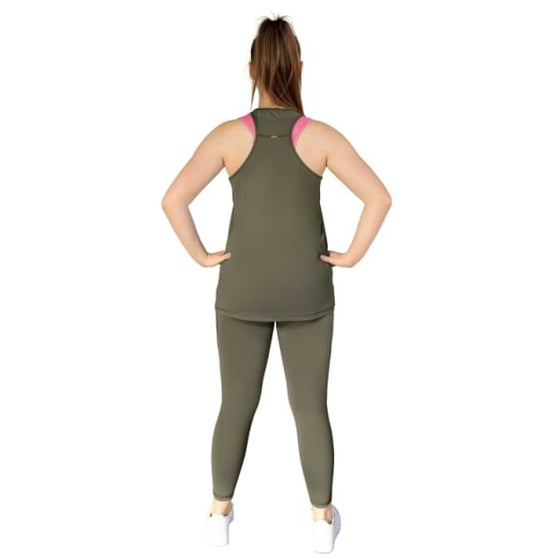 Olive tank top from Milbel Active - back view of girl modelling olive tank top and olive leggings