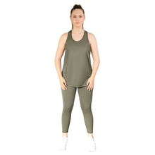  Olive tank top from Milbel Active - front view of girl modelling olive tank top and olive leggings