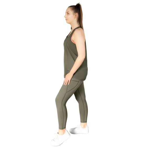 Olive tank top from Milbel Active - side view of girl modelling olive tank top and olive leggings