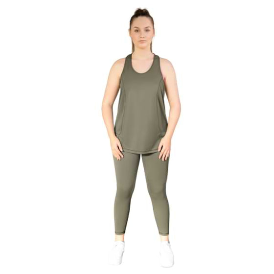 Olive full length leggings from Milbel Active - front view of girl modelling olive tank top and  leggings