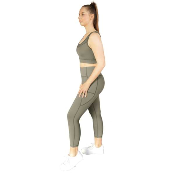 Olive sports bra from Milbel Active - side view of girl modelling olive sports bra and leggings