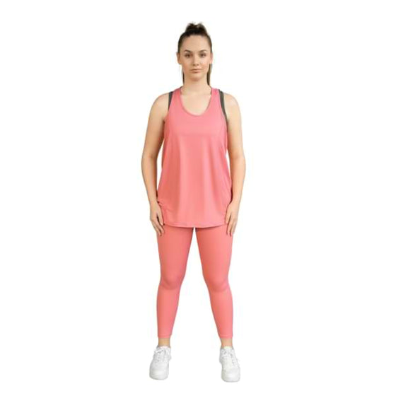 Pink full length leggings from Milbel Active - front view of girl modelling pink tank top and  leggings